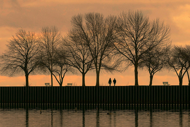 People walking along Milwaukee lakefront