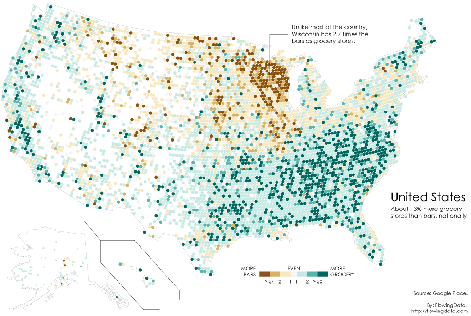 The ratio of bars to grocery stores