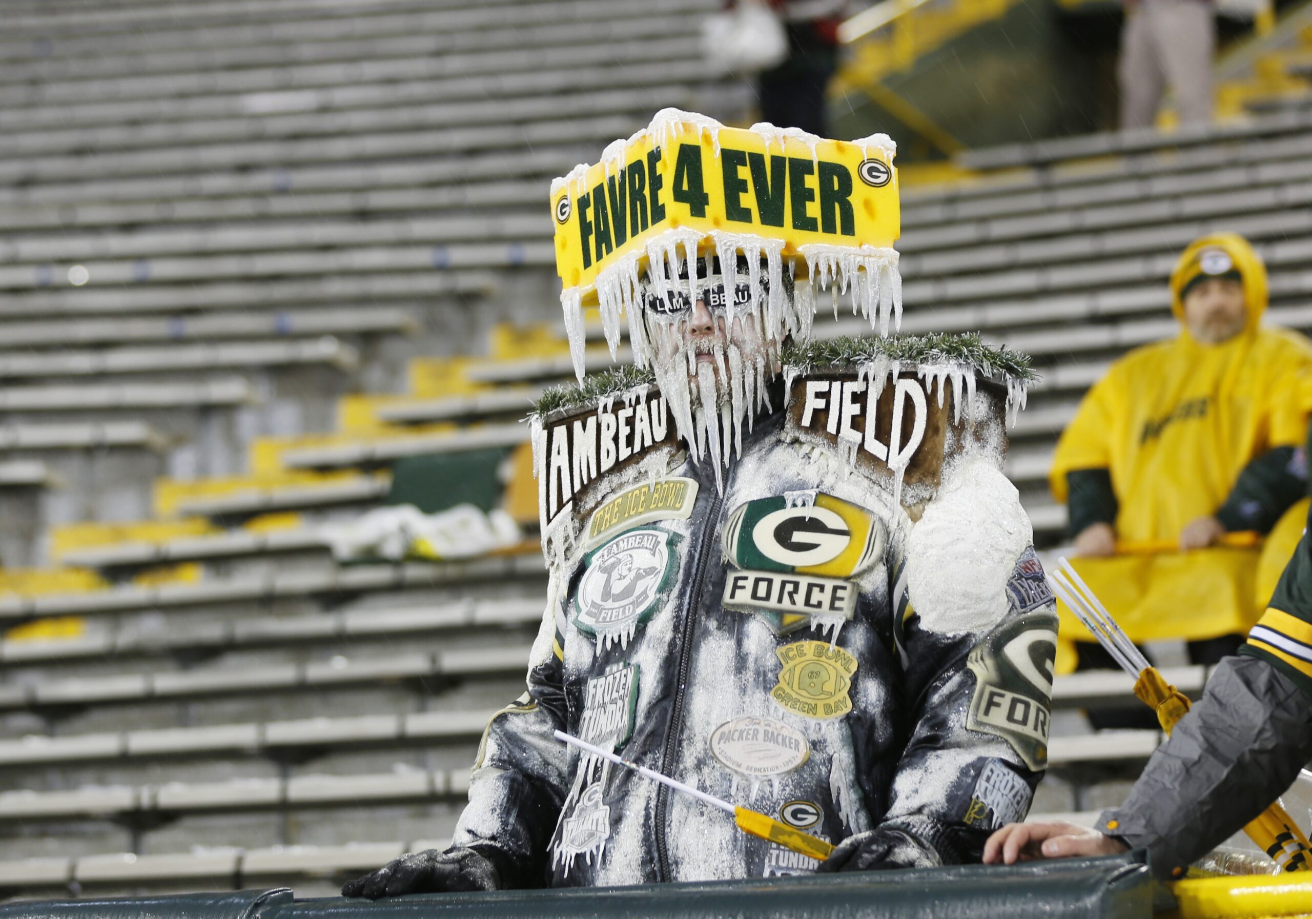 Green Bay Packers fan Jeff Kahlow wears a Brett Favre cheesehead