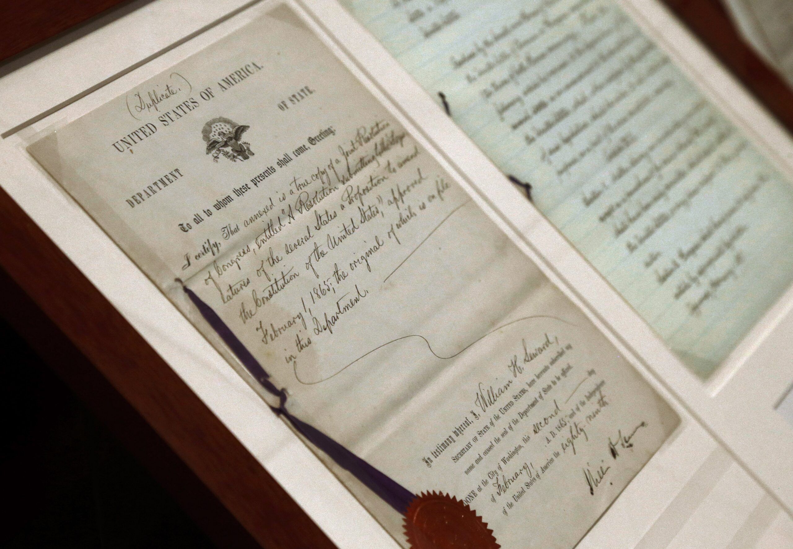 In this Tuesday, June 3, 2014 photo, a duplicate of the 13th Amendment appears on display at the North Carolina Department of Cultural Resources in Raleigh, N.C.