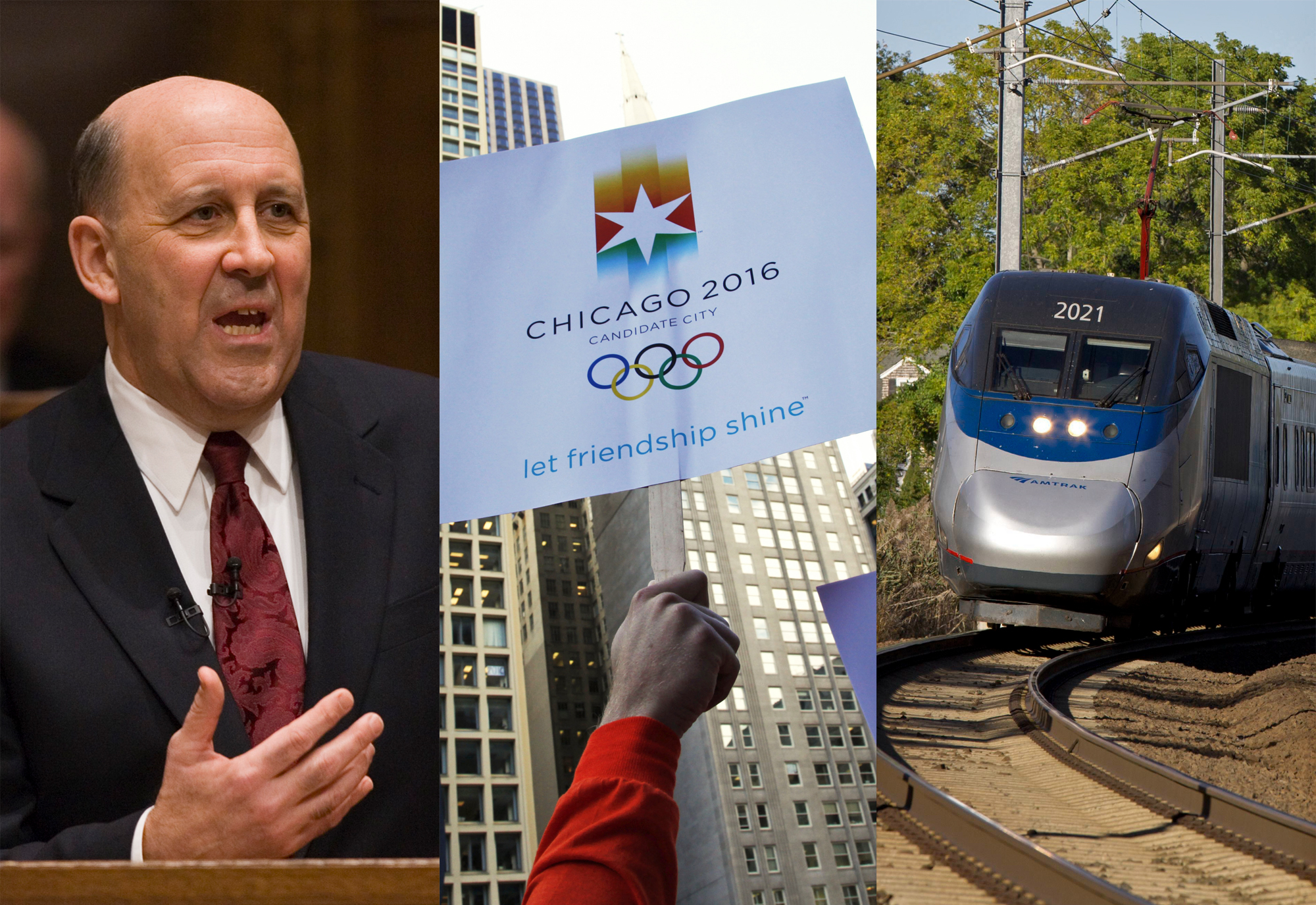 collage of Jim Doyle, Chicago Olympics bid, Amtrak train