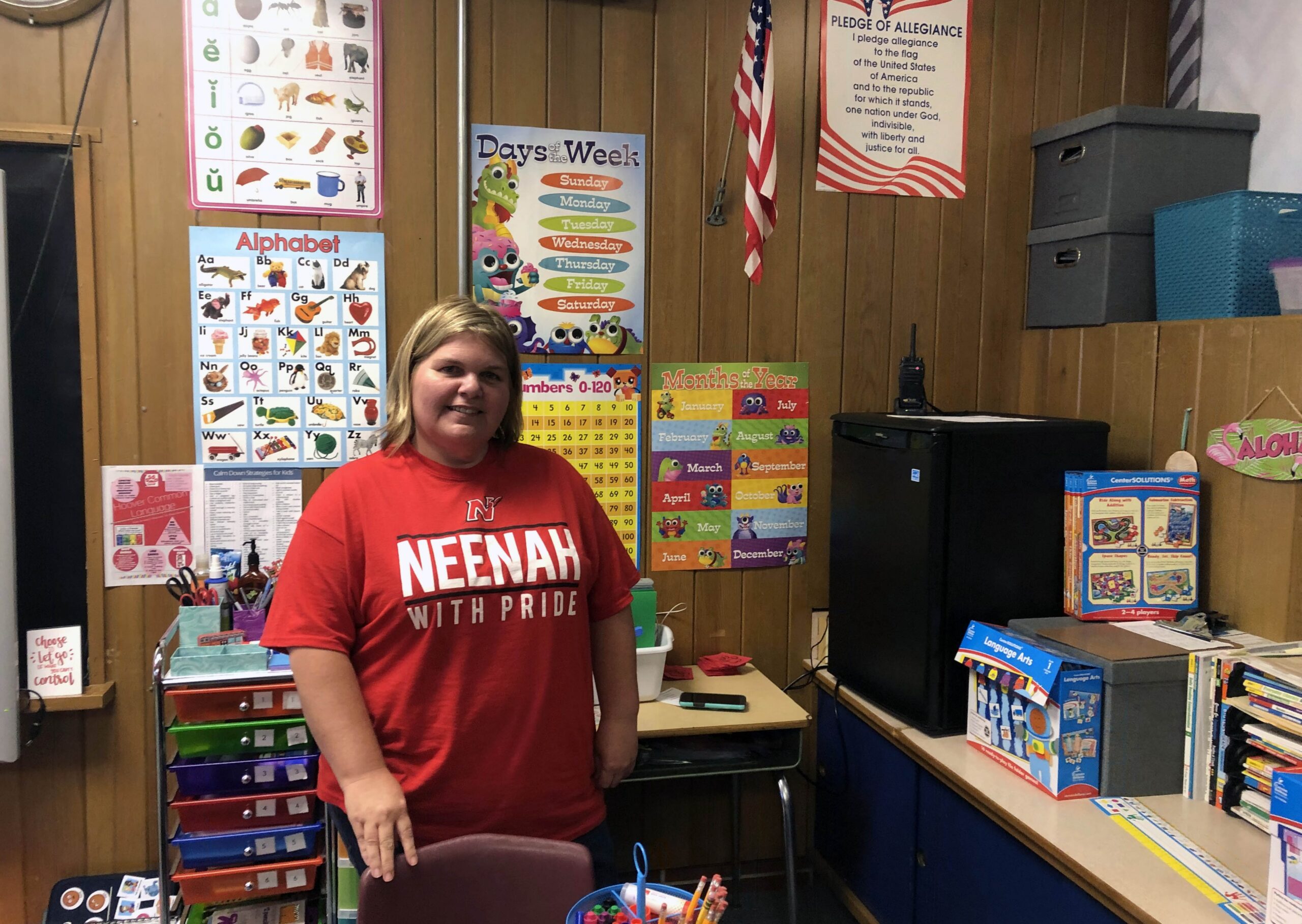 Michelle Riehle stands in her classroom
