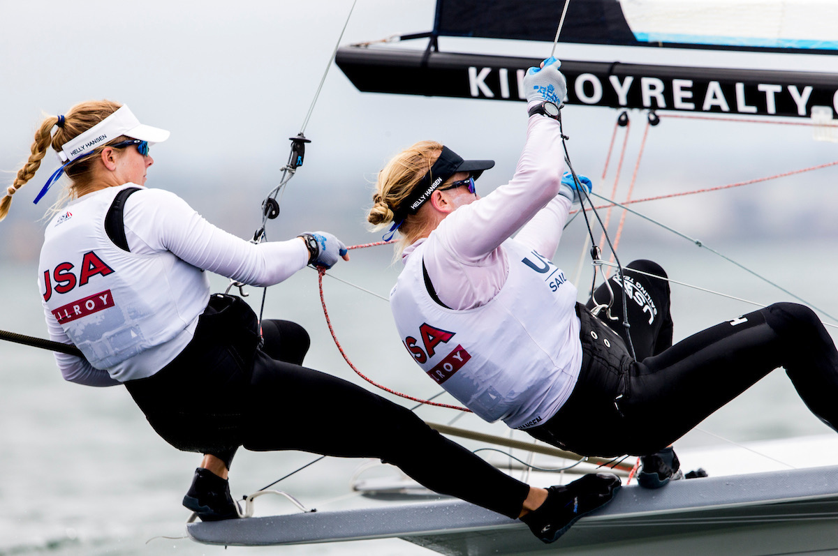 Stephanie Roble and Maggie Shea race on a a 49erFX