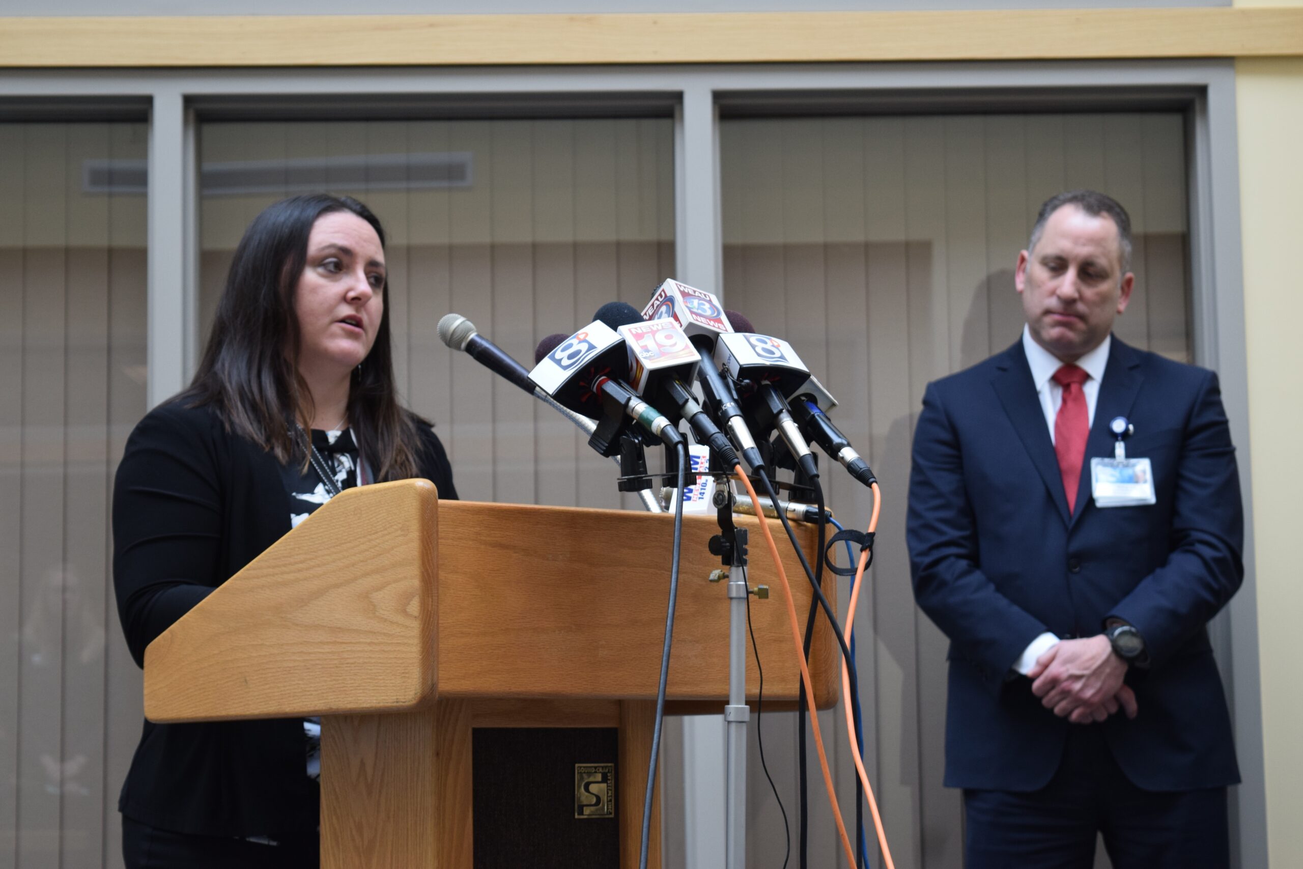 La Crosse County Health Department Director Jen Rombalski and Mayo Clinic Health System of La Crosse Dr. Paul Molling speak at a news conference on Wednesday, March 20 announcing the first positive tests for COVID-19 in La Crosse County