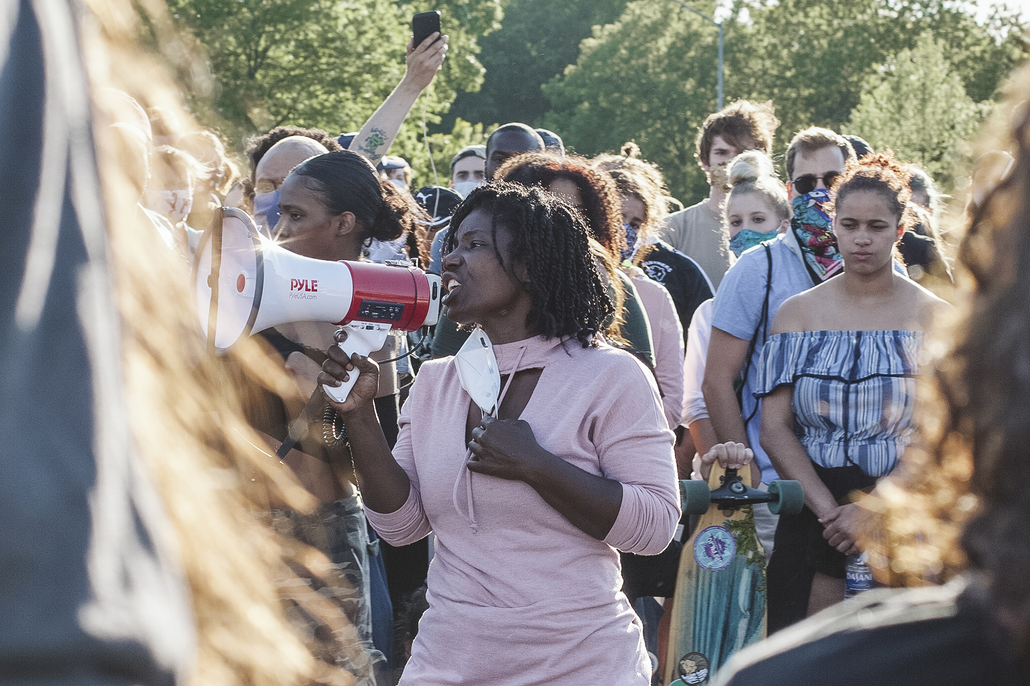 Brandi Grayson gives a speech at a protest demanding justice for George Floyd