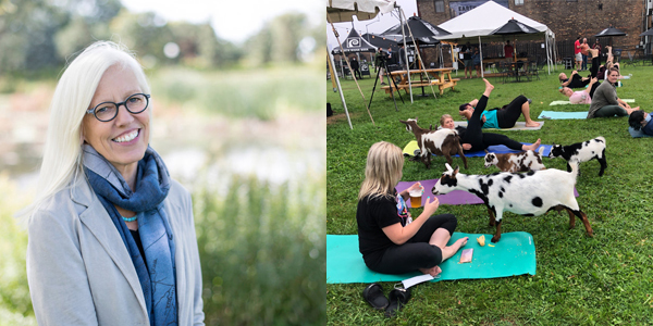 From left to right: Margi Preus, photo courtesy of Margi Preus and people doing yoga with goats photo courtesy of Earth Rider Brewery.​​​​​​​