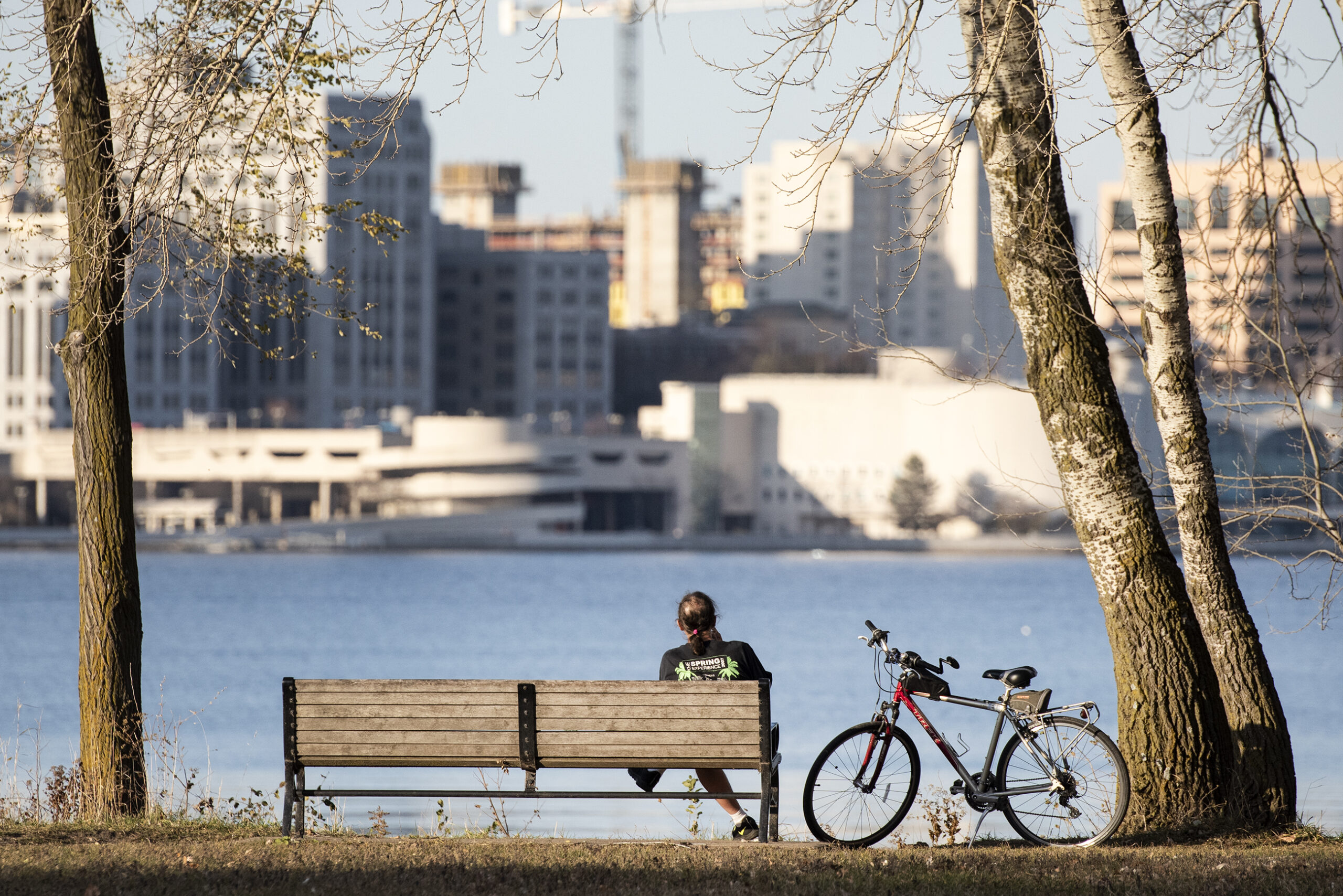 A woman facing toward the lake can be seen from behind with her bike parked next to her. She looks out over downtown Madison.