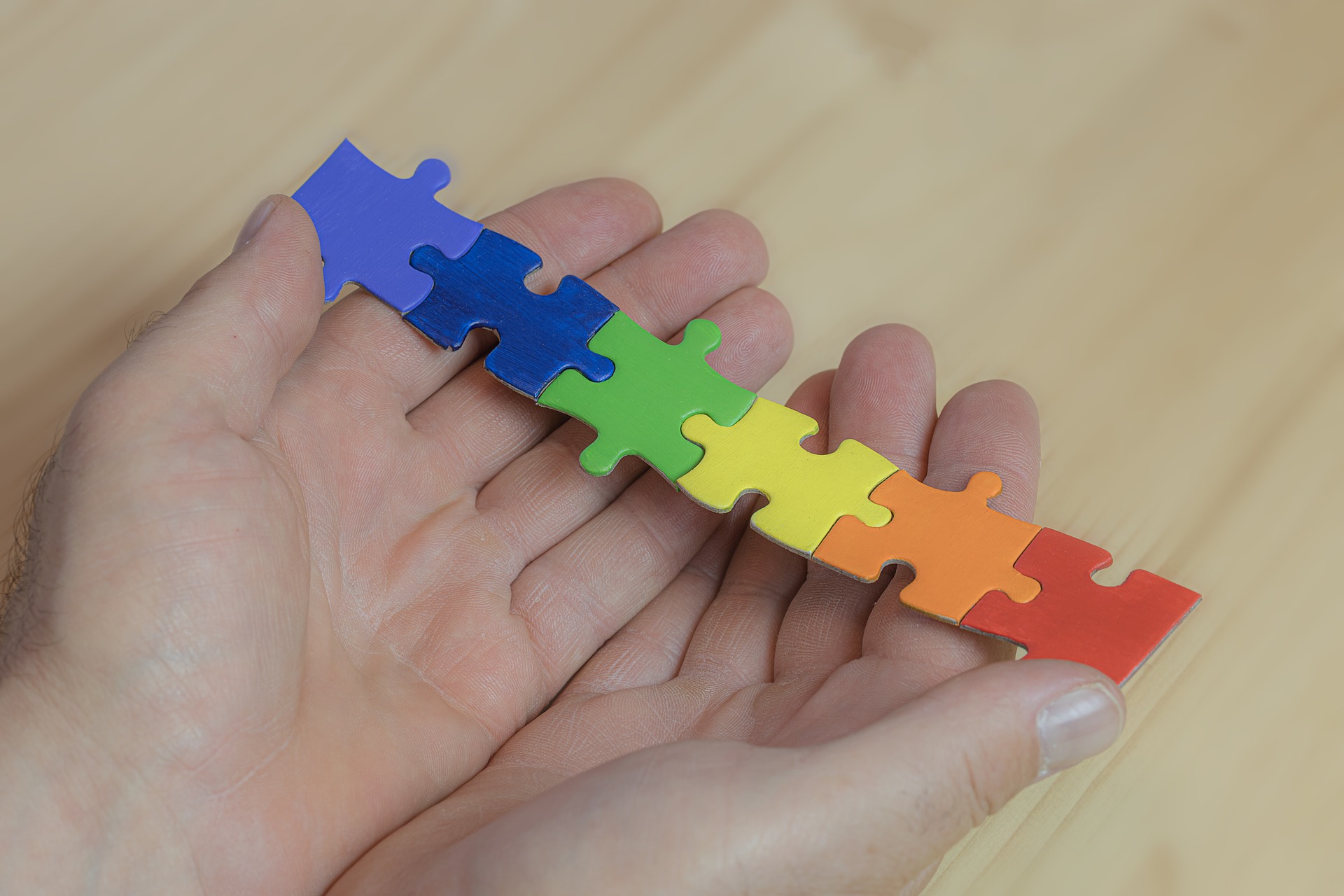 Hands holding rainbow colored puzzle pieces.