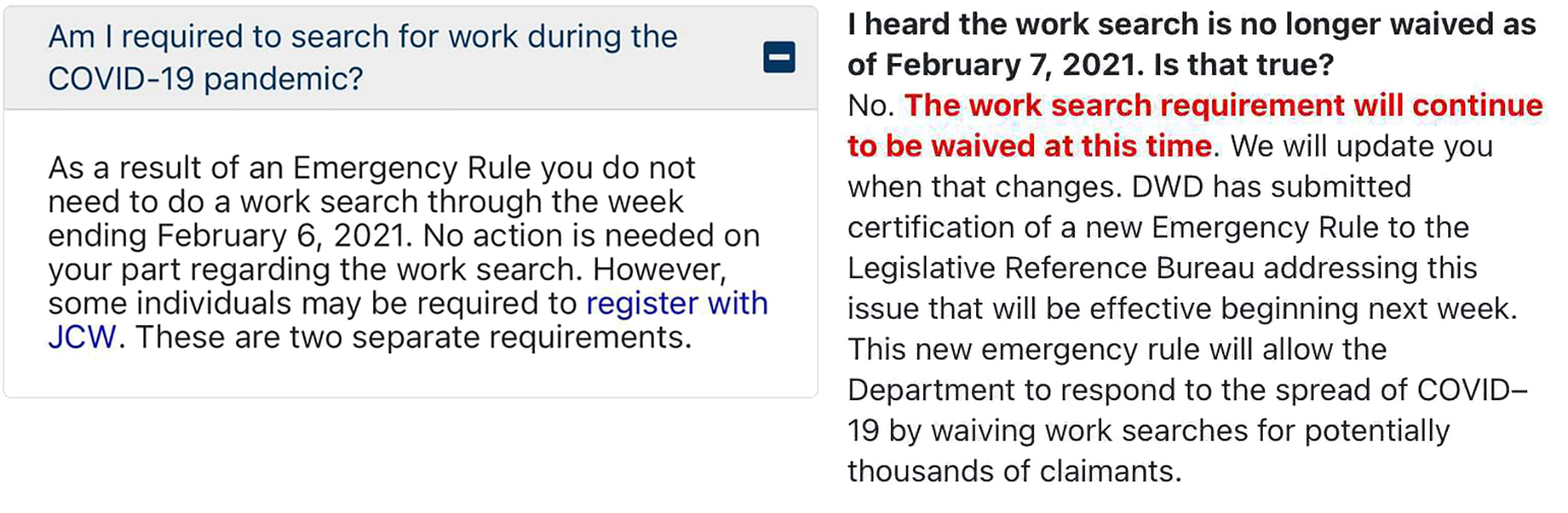 Screenshots from the state Department of Workforce Development's website