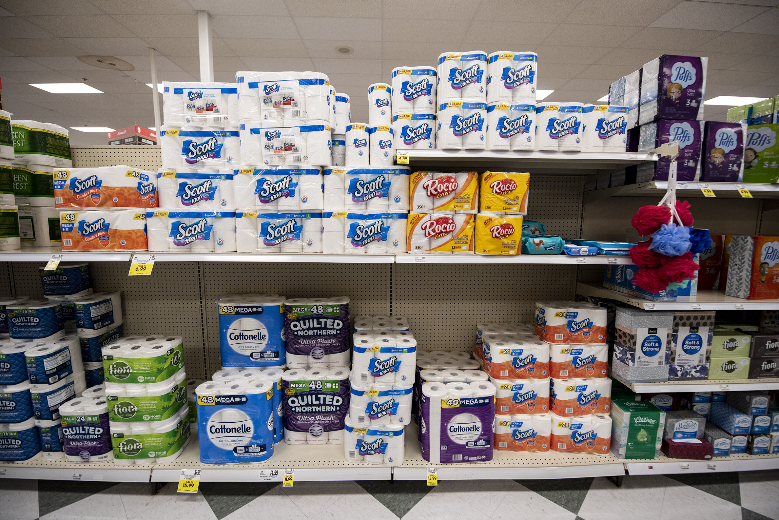 Toilet paper is displayed on a grocery store shelf.