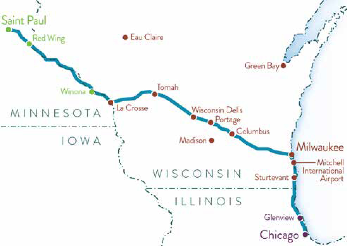 A map of the train route connecting Chicago and the Twin Cities