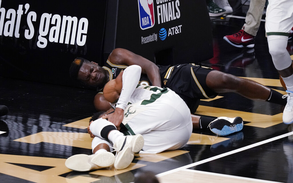 Giannis Antetokounmpo is injured during Game 4 of the NBA Eastern Conference finals.