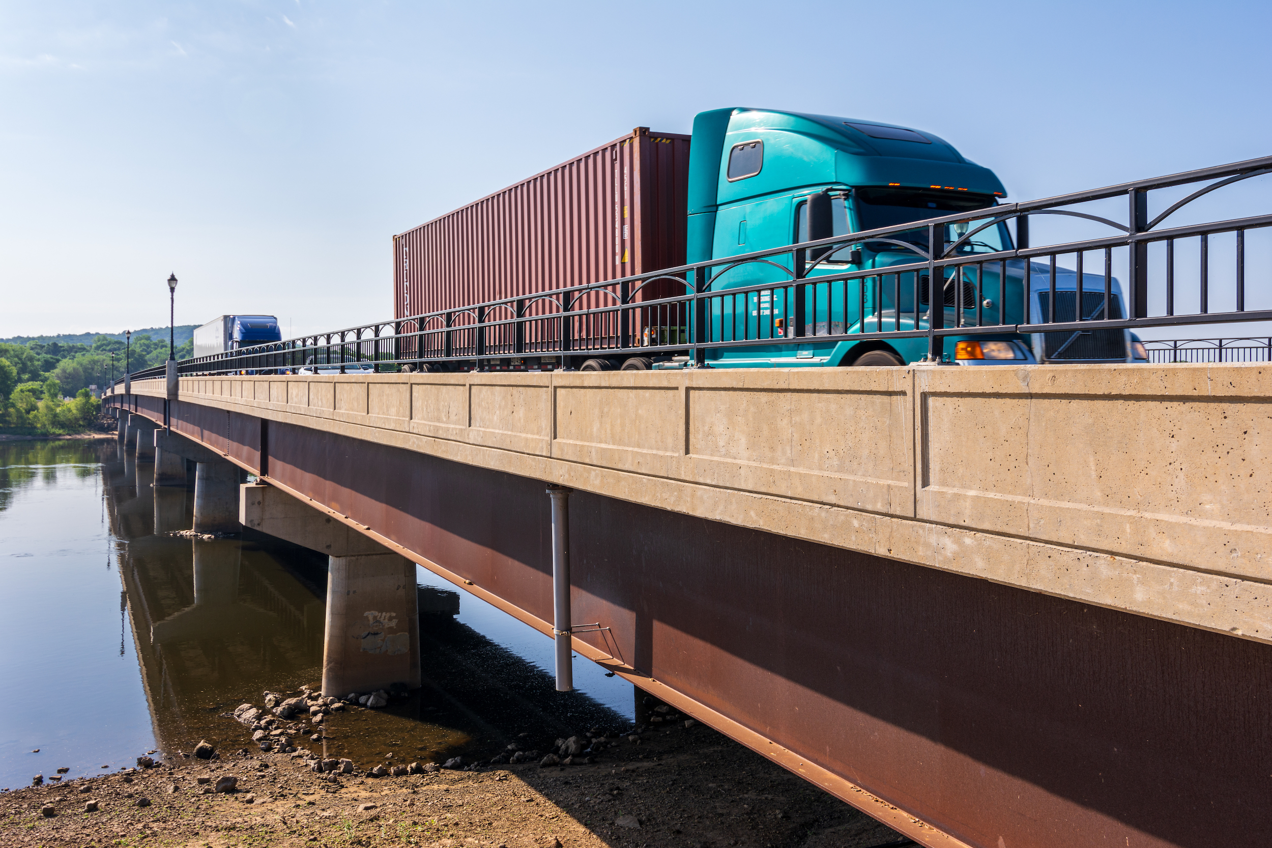 A semitruck on the Highway 12 bridge crossing over the Wisconsin River in Sauk City, Wis.