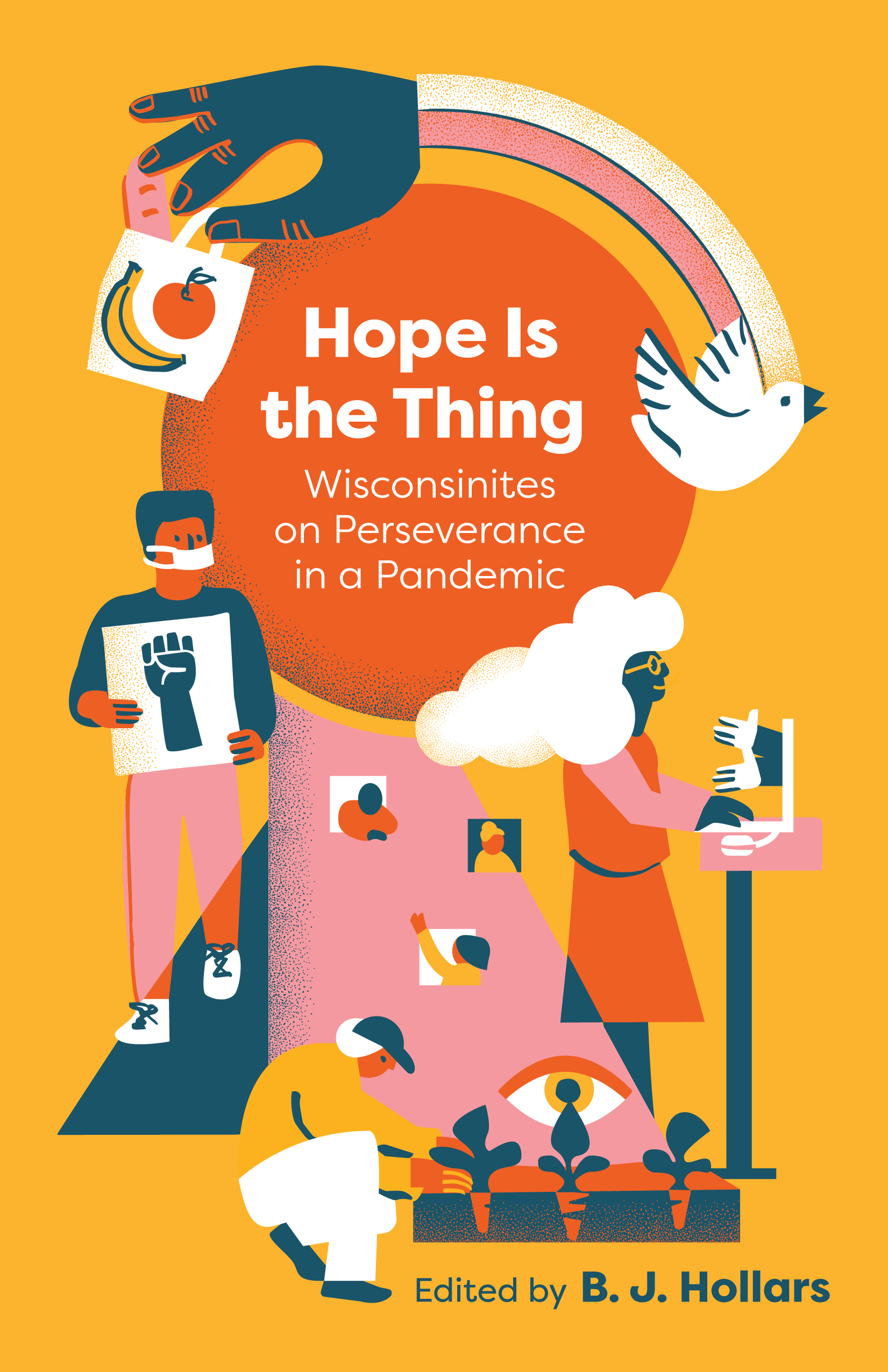 A colorful cover in tangerine orange features illustrations of people connecting and images of hope.