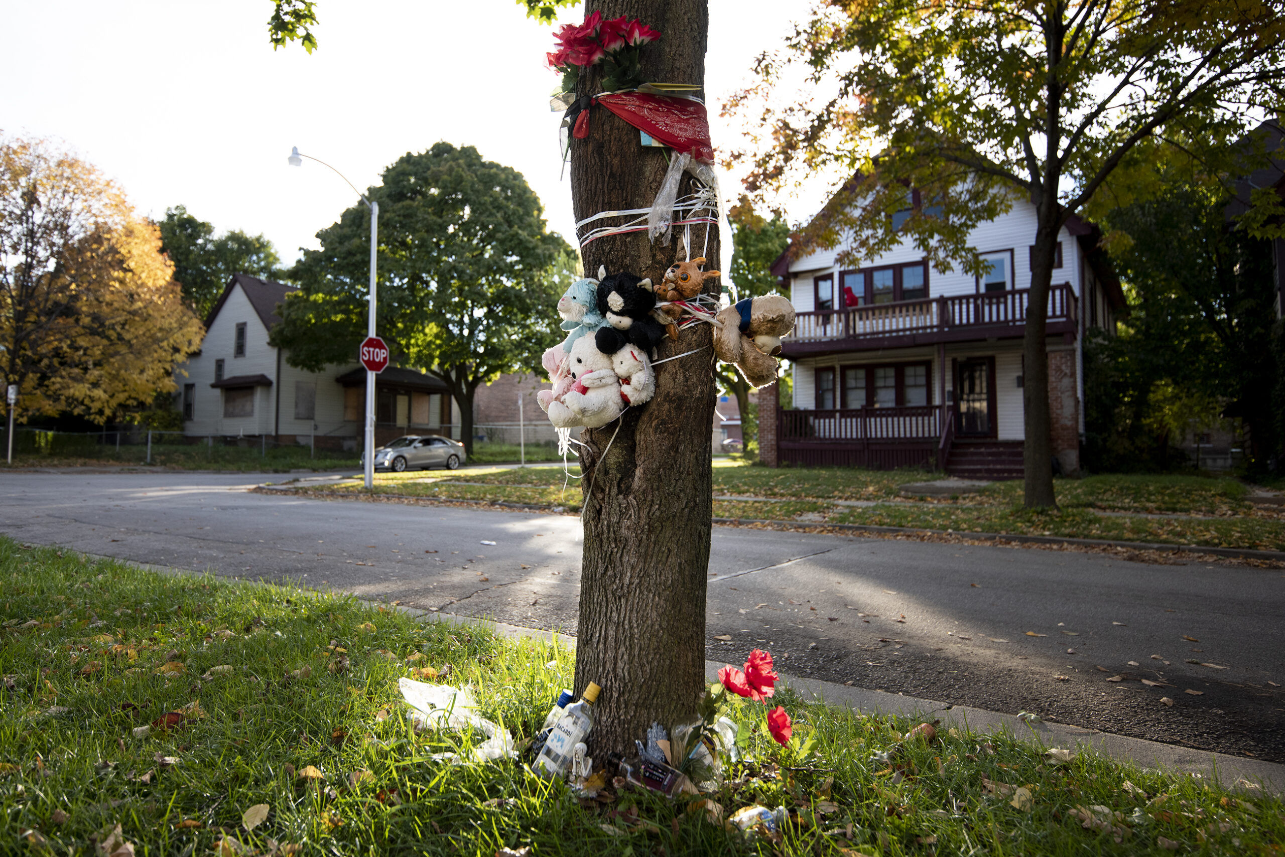 Toys and trees are tied to a tree. Alcohol bottles are on the ground.