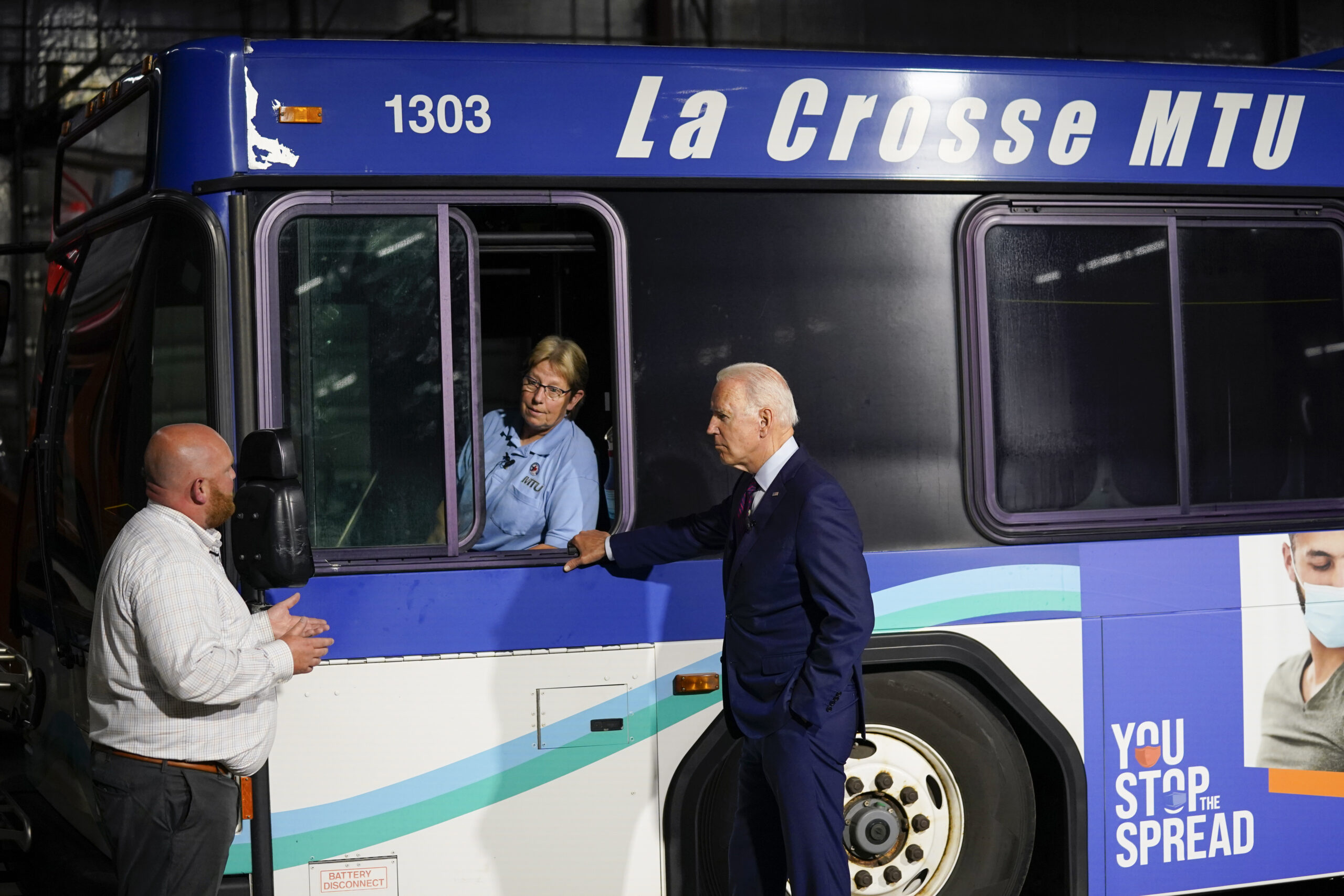 President Joe Biden participates in a tour of the La Crosse Municipal Transit Authority