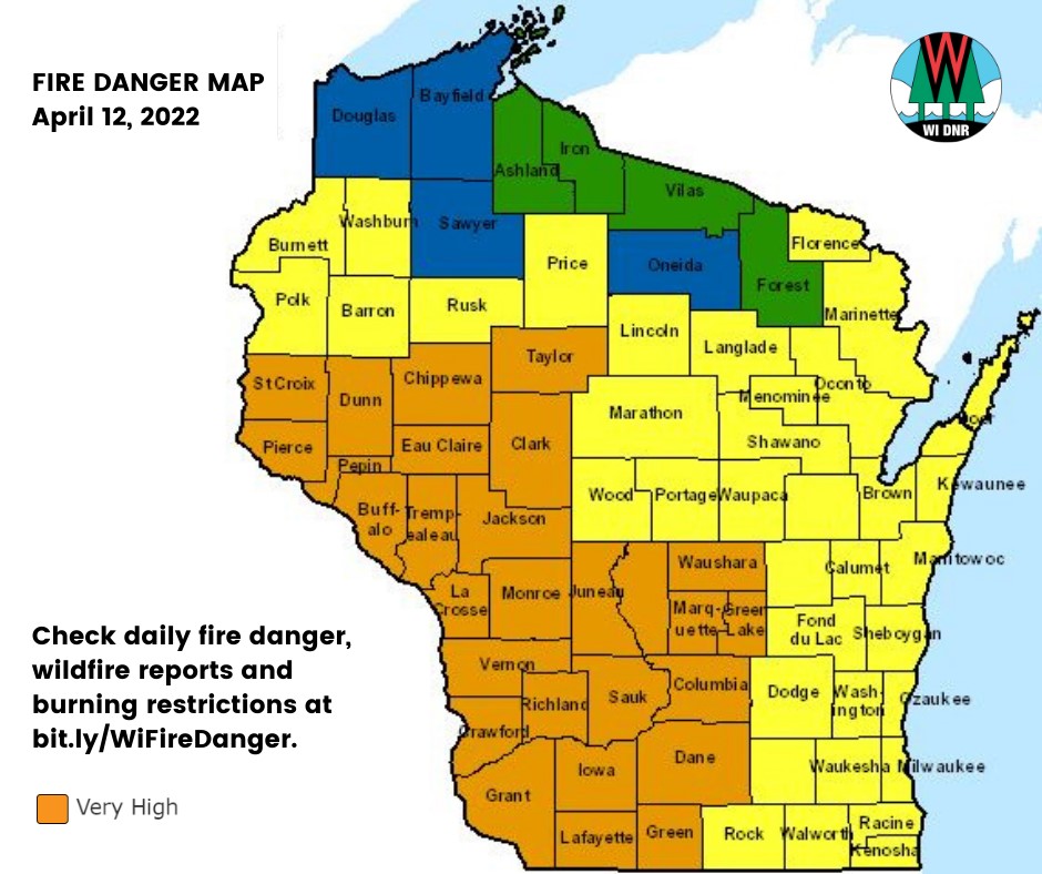 DNR map showing very high fire danger in Wisconsin