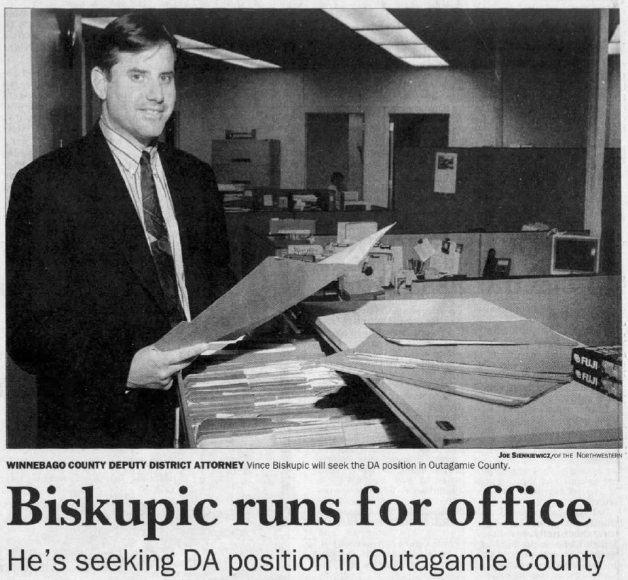 Newspaper article announces Biskupic's running for district attorney