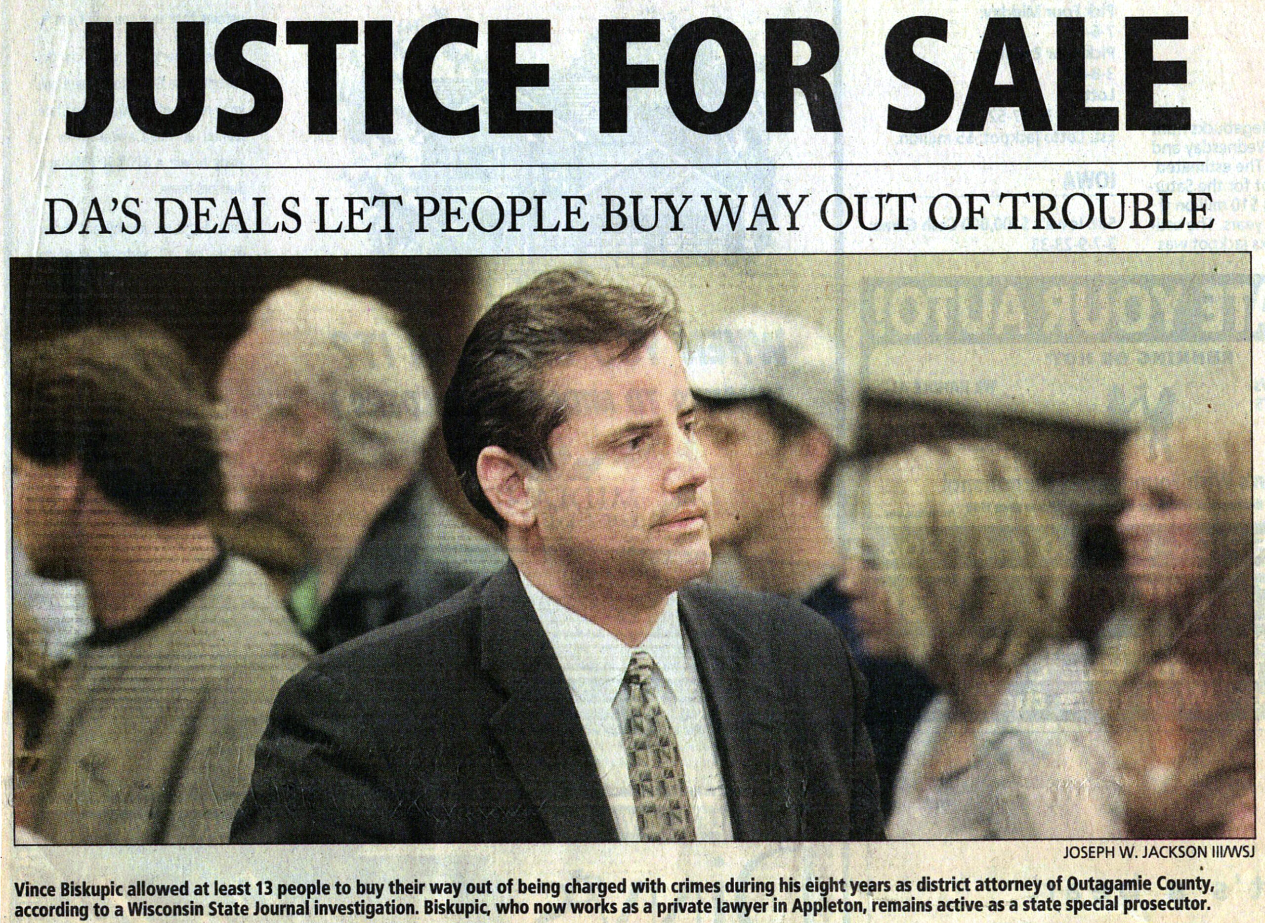 Newspaper clipping with photo of Biskupic and headline "JUSTICE FOR SALE"