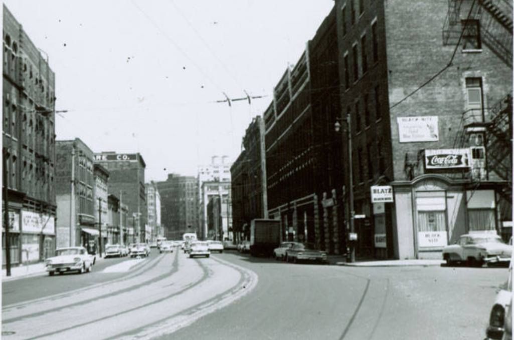 A black and white photo of a gay bar in Milwaukee in 1961 and the street it was on