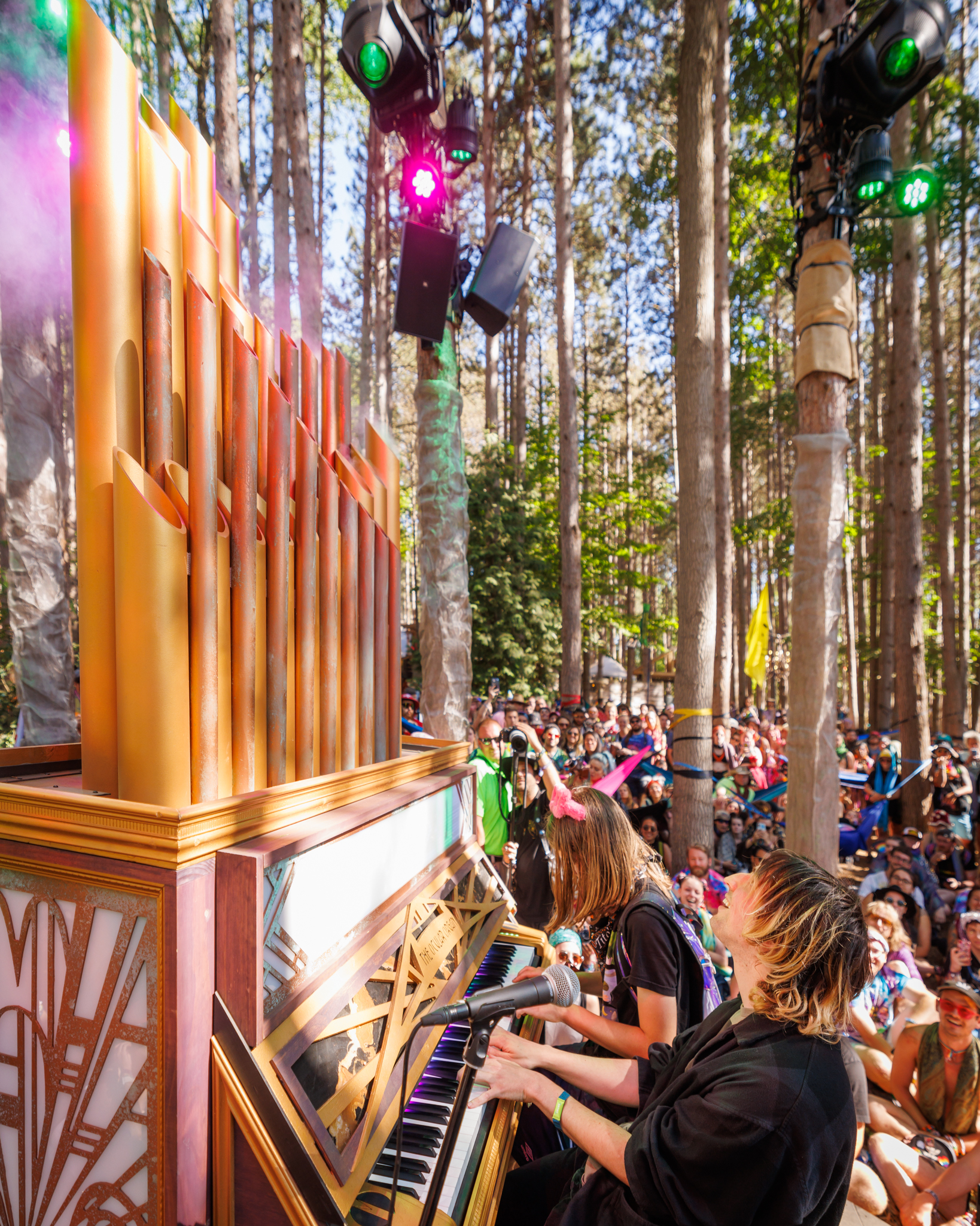 Photo of a man playing a pipe organ among pink and green lights, in the woods