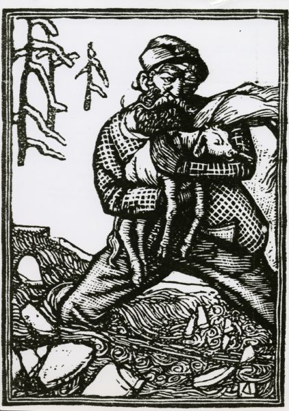 Woodcut illustration of Paul Bunyan carrying his blue ox Babe.