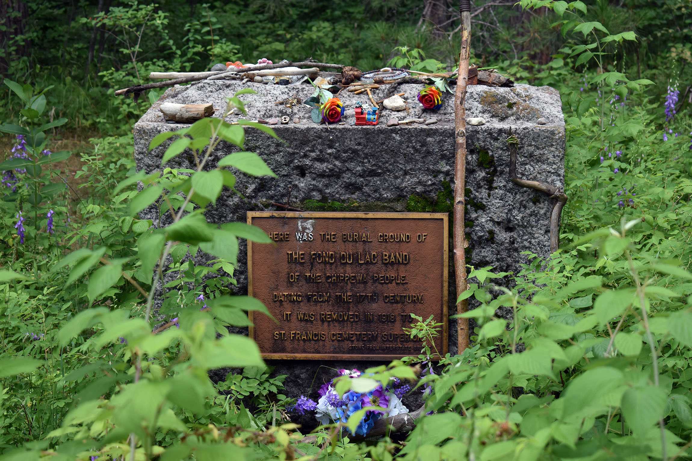 A burial marker at Fond du Lac's burial grounds on Wisconsin Point