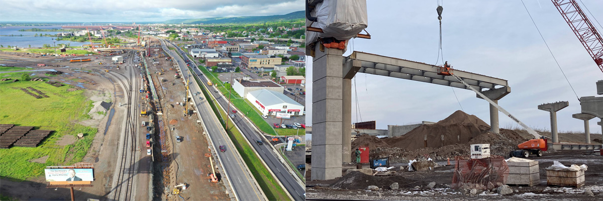 Left photo aerial view of Interstate 35 looking south from downtown Duluth showing the temporary lane changes around construction and the overpasses to 535 to Superior temporarily removed. The right photograph is one of the last spans of steel bridge gird