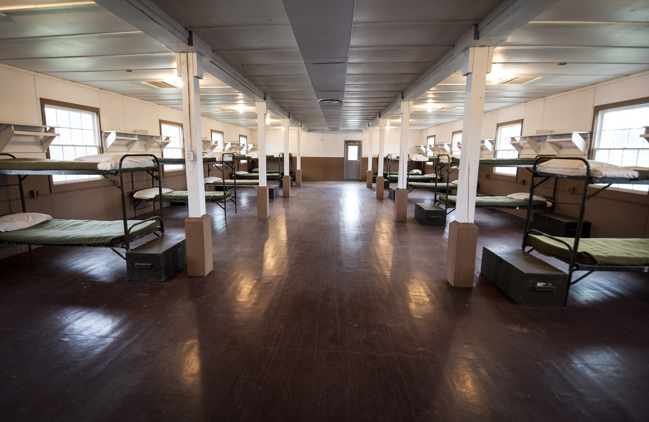 A reconstruction of Fort McCoy barracks on display at a museum