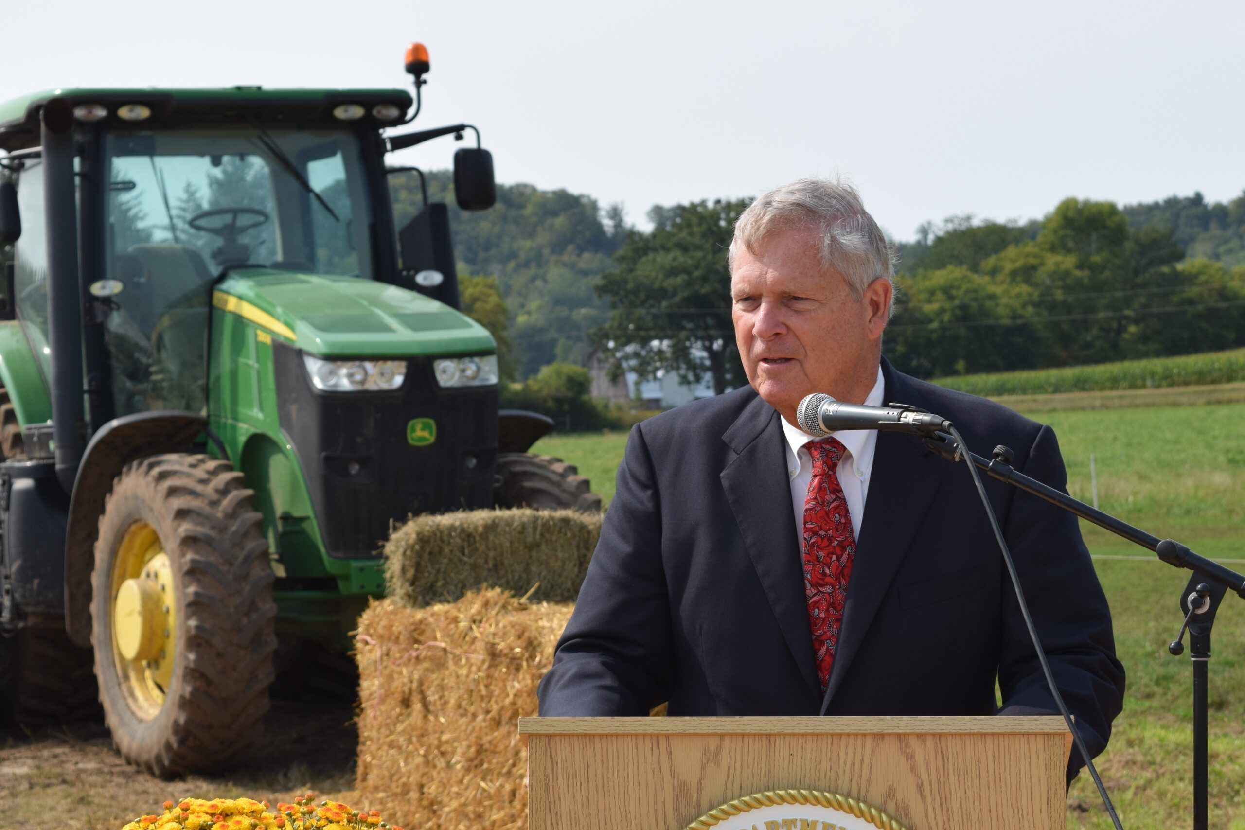 USDA Secretary Tom Vilsack speaks on a Wisconsin farm