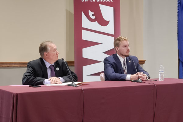 Assembly Rep. Steve Doyle (D-Onalaska) pictured left, debated his opposing candidate, pictured right, Ryan Huebsch (R-Onalaska) at UW-La Crosse. WPR/E. Wall.