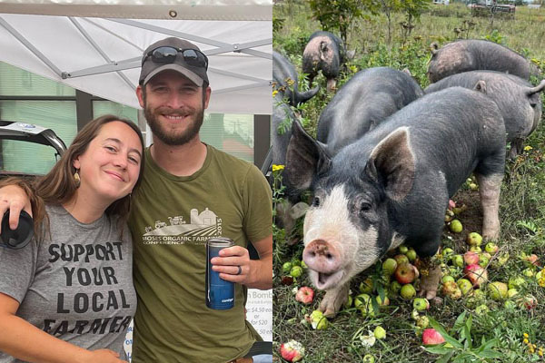 On the right Carly and Tyler Stephenson at a local farmer's market stand for their Will o The Winds products. On the left, pigs on the Stephenson's farm.