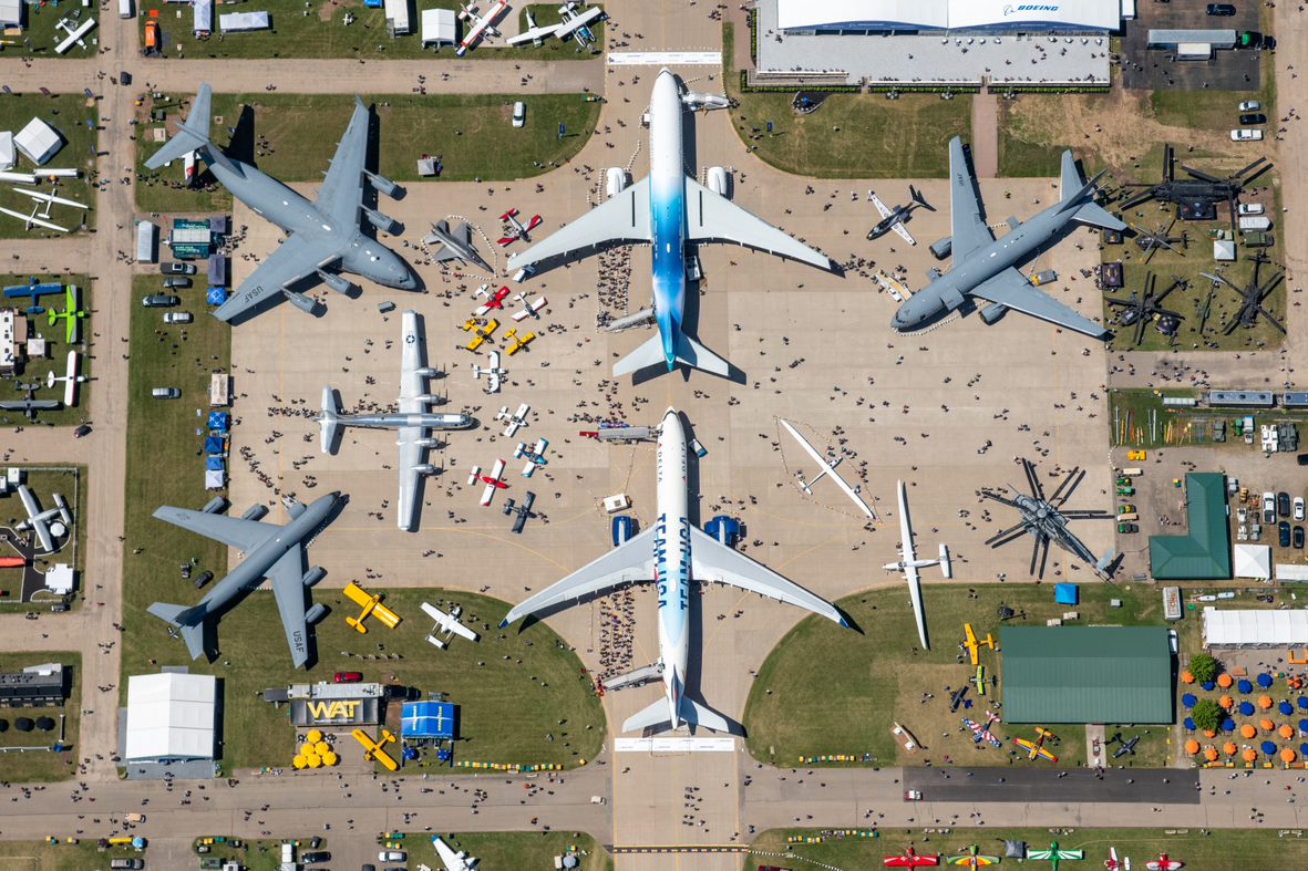 A photograph of Boeing Plaza on opening day of EAA AirVenture