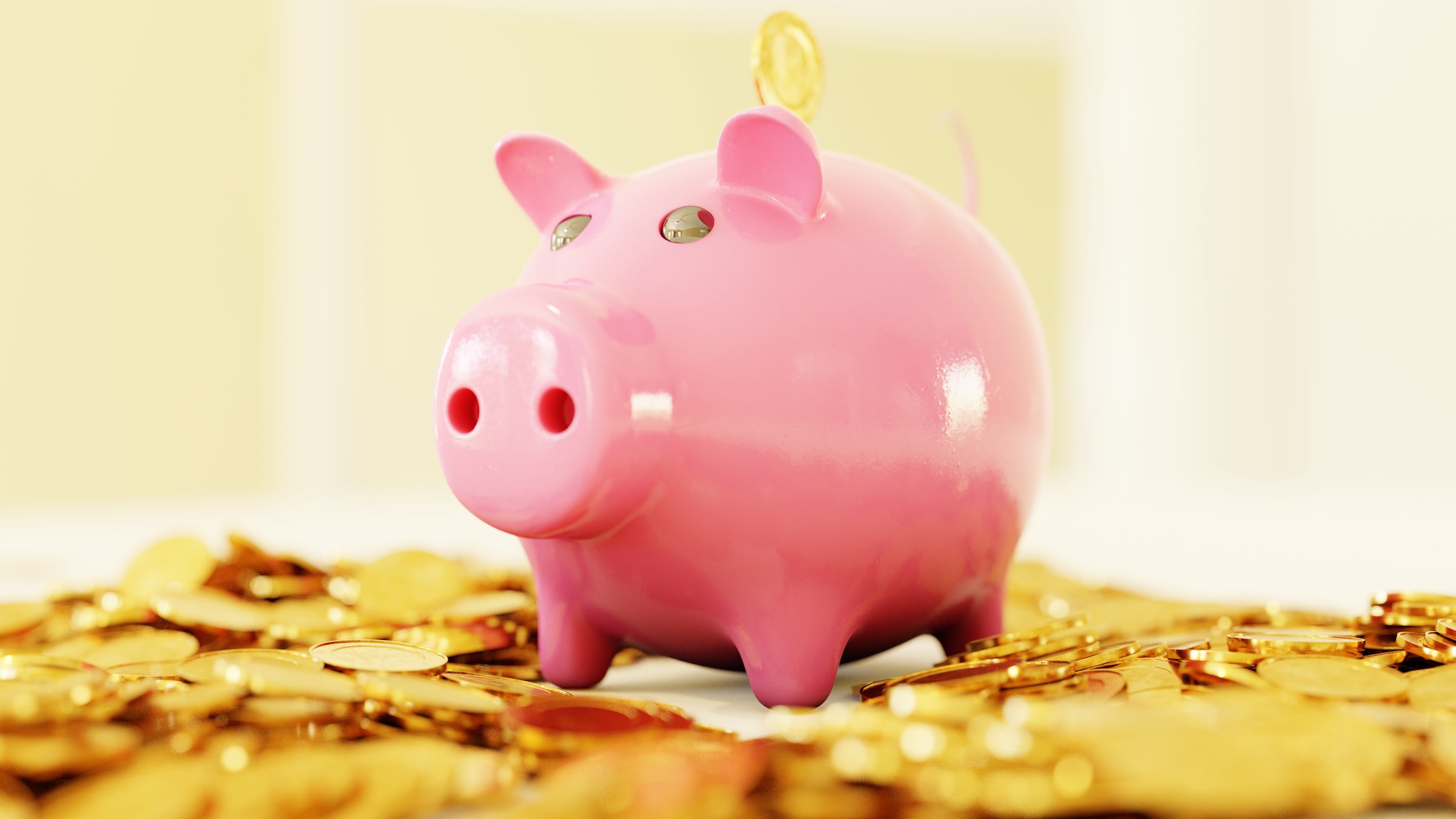A piggy bank ontop of coins