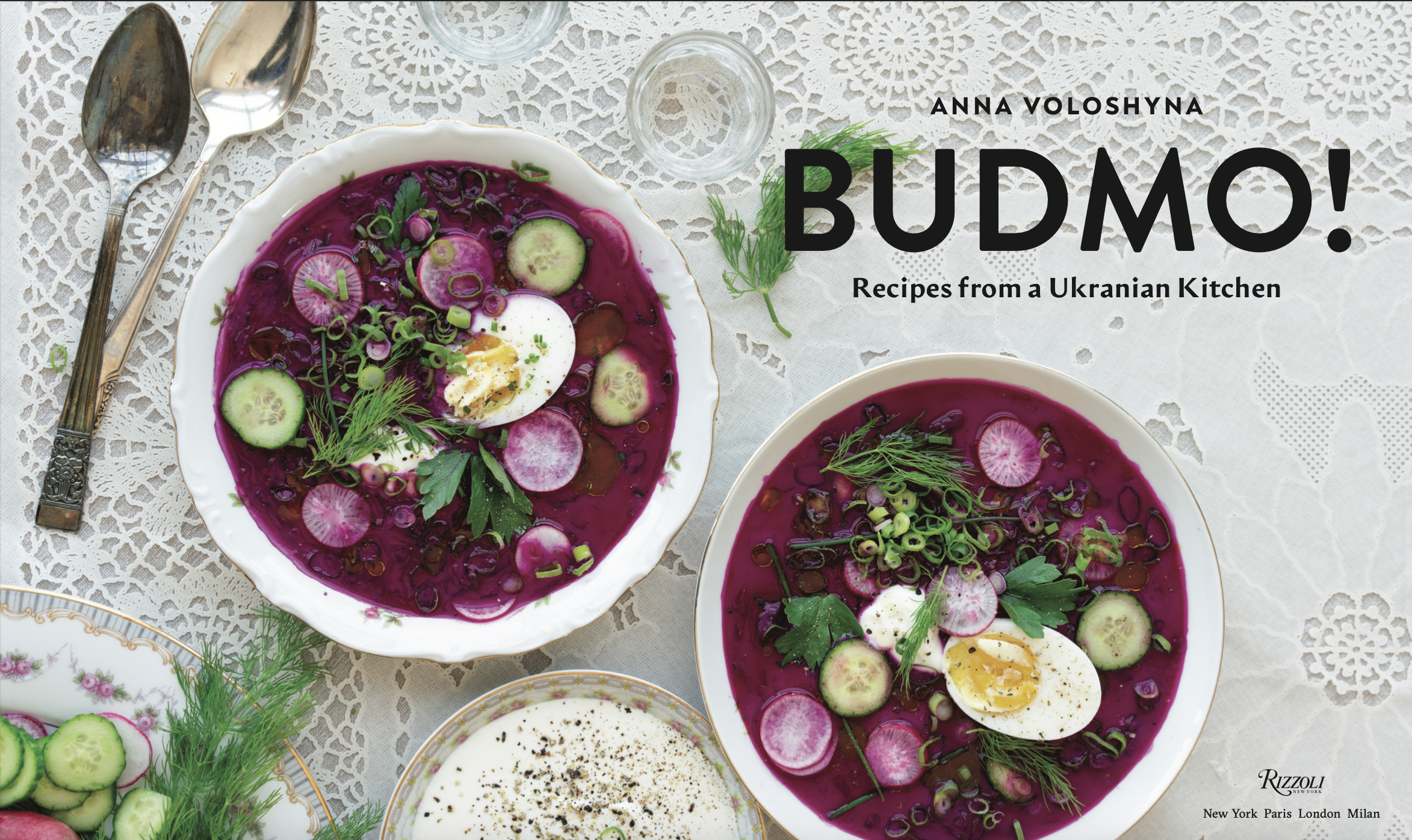 Bowls of borscht. Cover image of the book Budo! by Anna Voloshyna