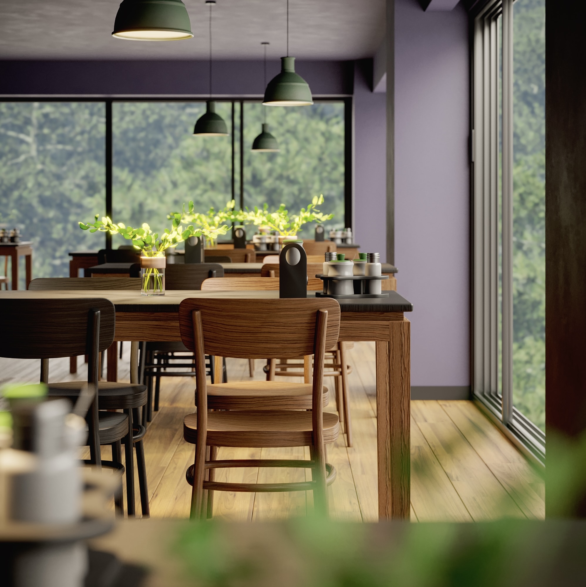 A kitchen with biophilic design elements like plants, large windows and natural light