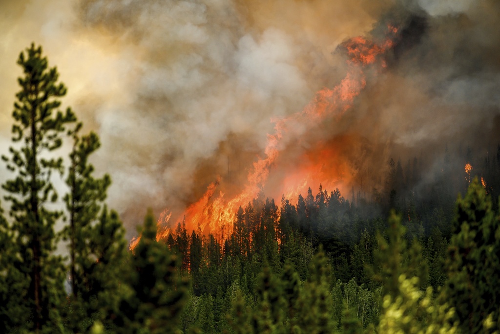 Flames from the Donnie Creek wildfire burn along a ridge top north of Fort St. John, British Columbia, on July 2, 2023. At about summer's halfway point, the record-breaking heat and weather extremes are both unprecedented and unsurprising, hellish yet bor