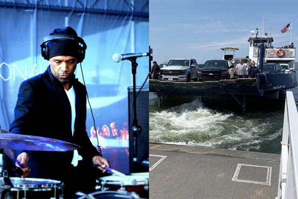 Michael Brown at his drums (left) and the Madeline Island ferry approaching La Pointe on Madeline Island (right.)