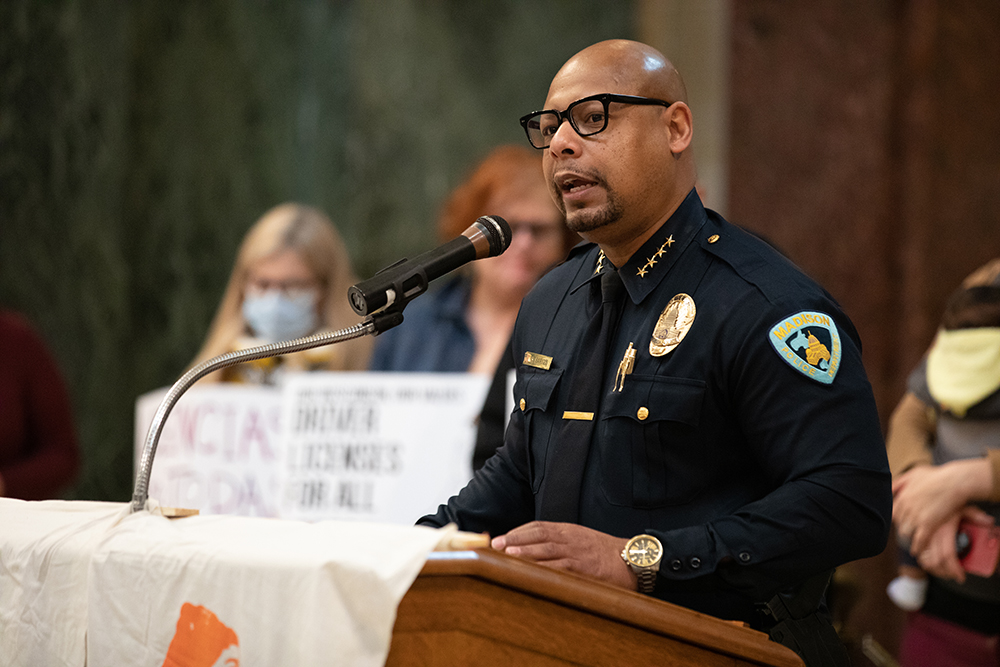 Madison Police Chief Shon Barnes speaks at a press event