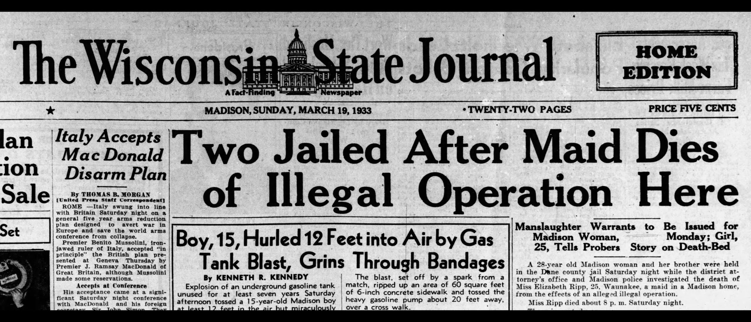 A newspaper clipping from the Wisconsin State Journal shows a headline reading, "Two Jailed After Maid Dies of Illegal Operation Here"