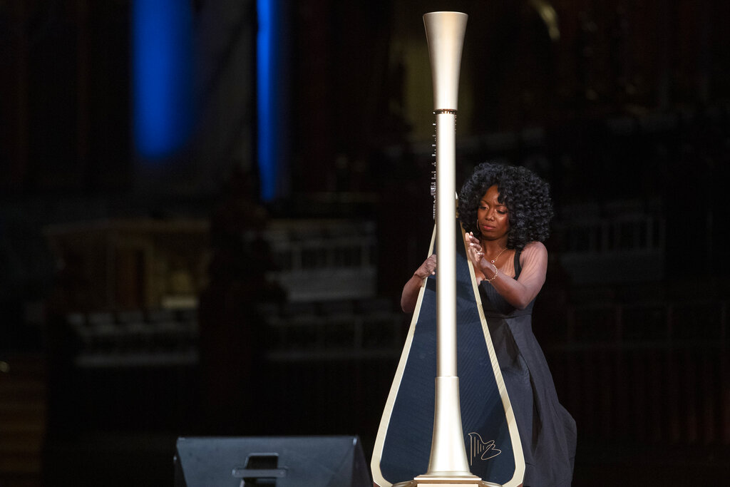 Harpist Brandee Younger performs during the Celebration of the Life of Toni Morrison, Thursday, Nov. 21, 2019, at the Cathedral of St. John the Divine in New York. Mary Altaffer/AP Photo