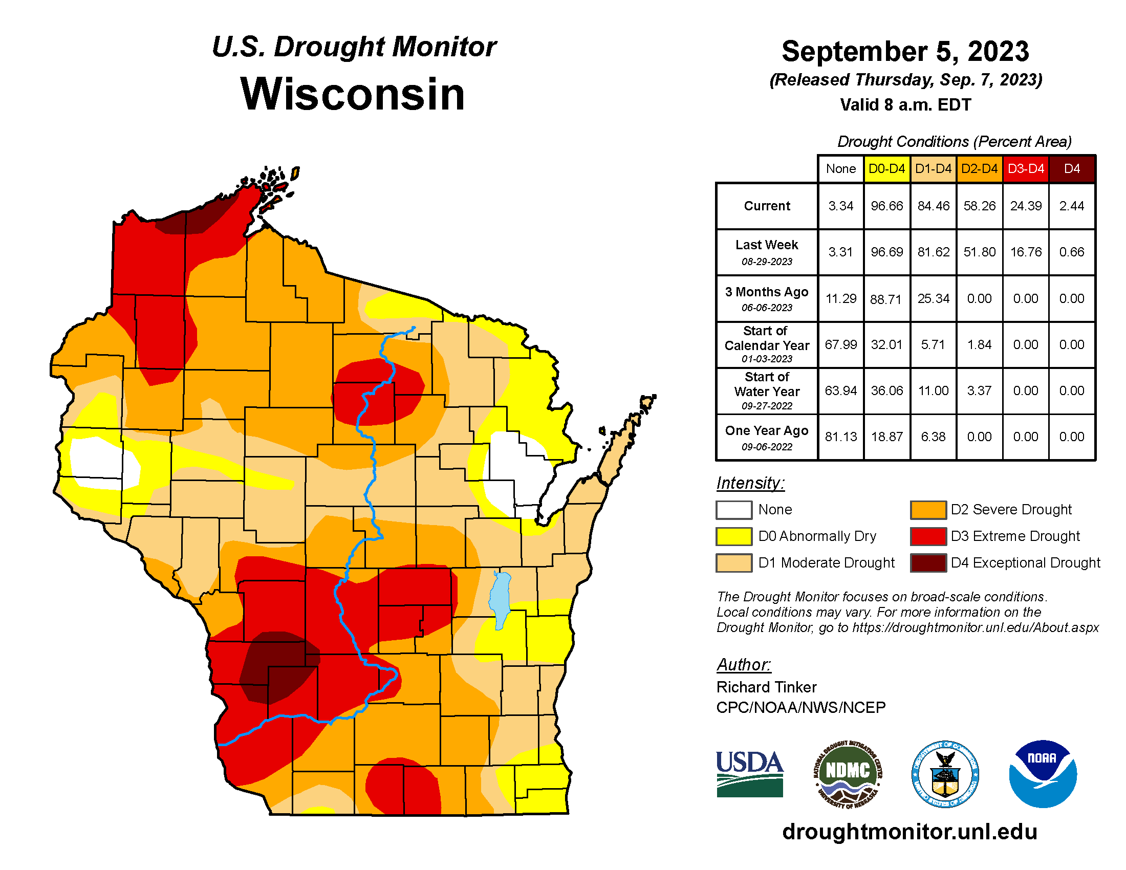 A map of Wisconsin is covered in shades of red, orange and yellow to show degrees of drought