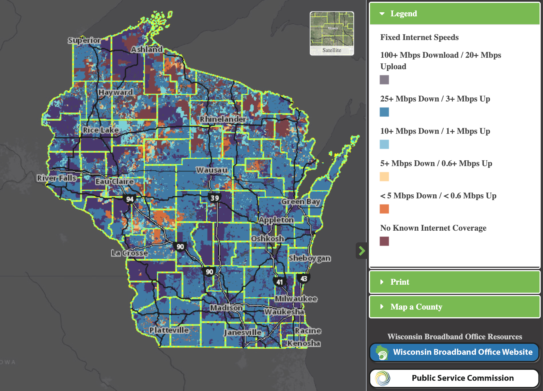 A screenshot from the Public Service Commission of Wisconsin’s online broadband mapping tool