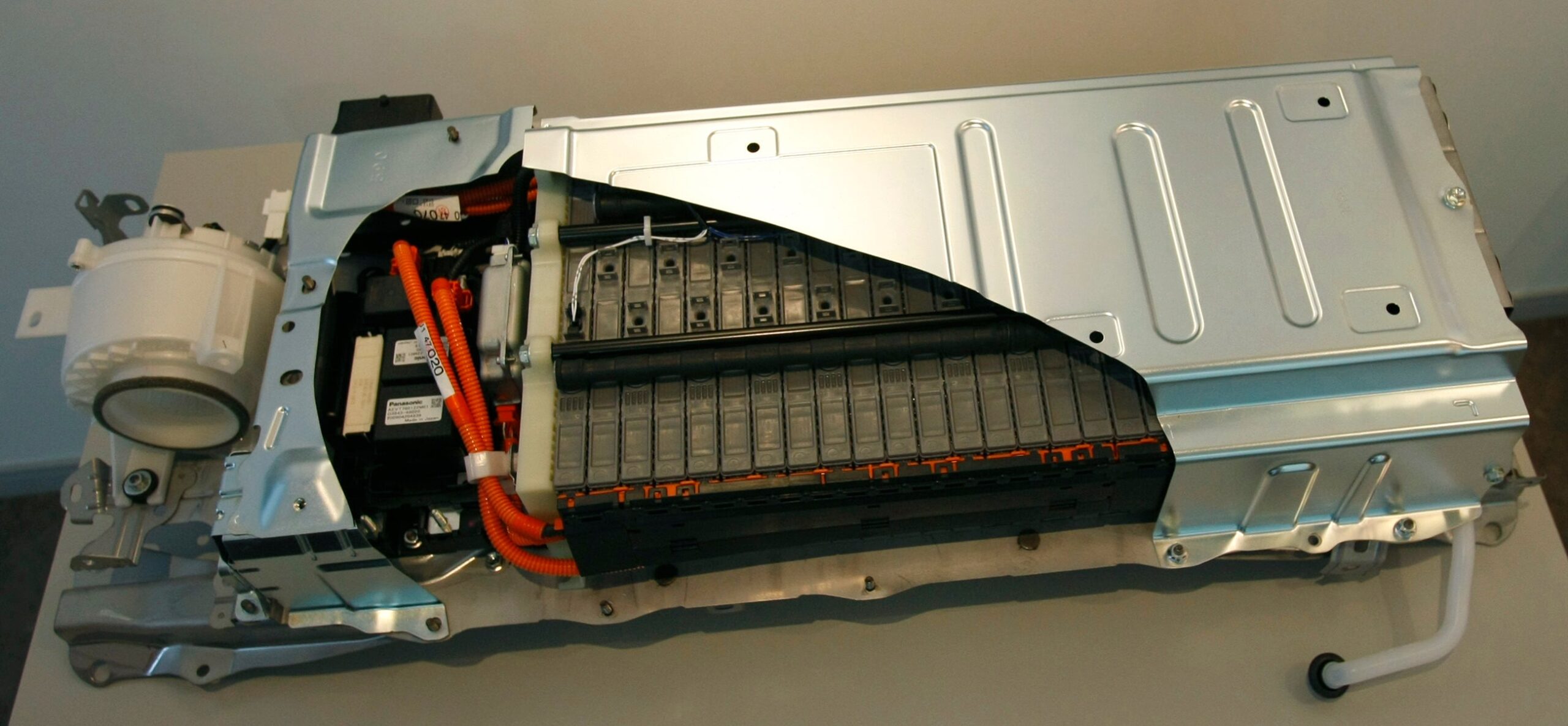 A model of Toyota Motor Corp.'s Prius battery pack is displayed at Panasonic EV Energy Co.'s Omori plant in Kosei, central Japan