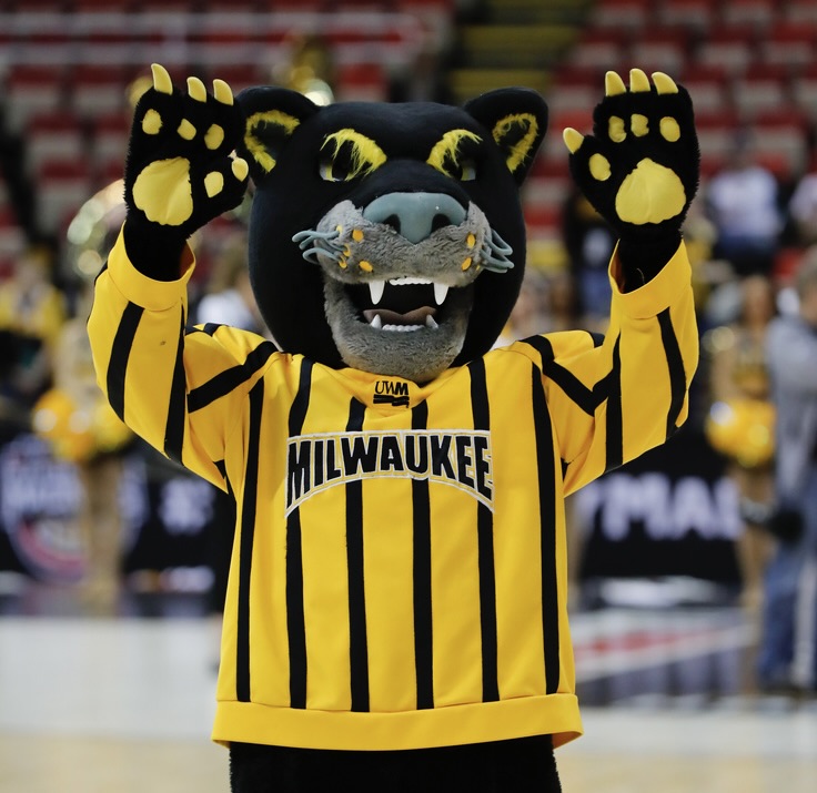 The Milwaukee Panthers mascot performs before the Horizon League NCAA college basketball tournament championship game against the Northern Kentucky in Detroit, Tuesday, March 7, 2017. (AP Photo/Paul Sancya)