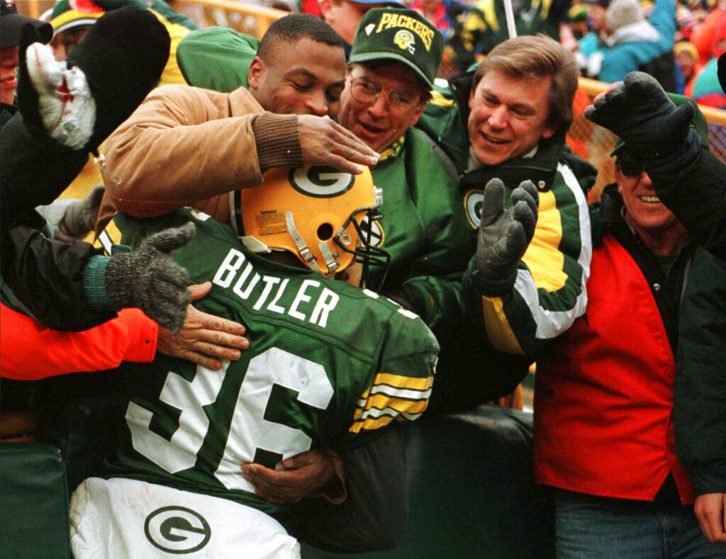Green Bay Packers' LeRoy Butler jumps into the crowd following an interception late in the fourth quarter of their game against the Chicago Bears in Green Bay, Wisc., on Nov. 12, 1995. After starring for the Seminoles, Butler helped recast the safety posi