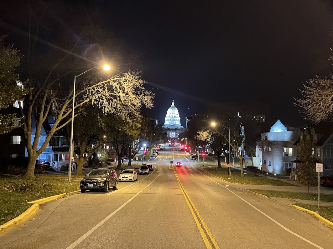 The Wisconsin State Capitol at night from a distance