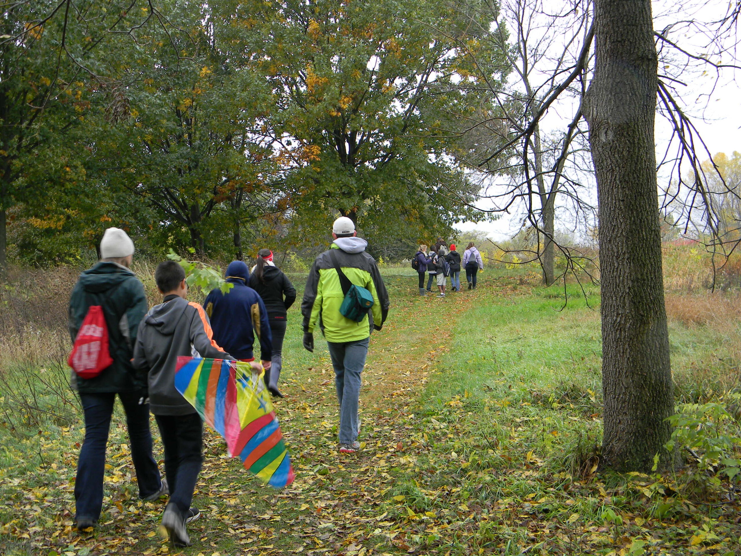 A group of people walk on a grassy path wearing hats and coats. One is carrying a colorful kite.