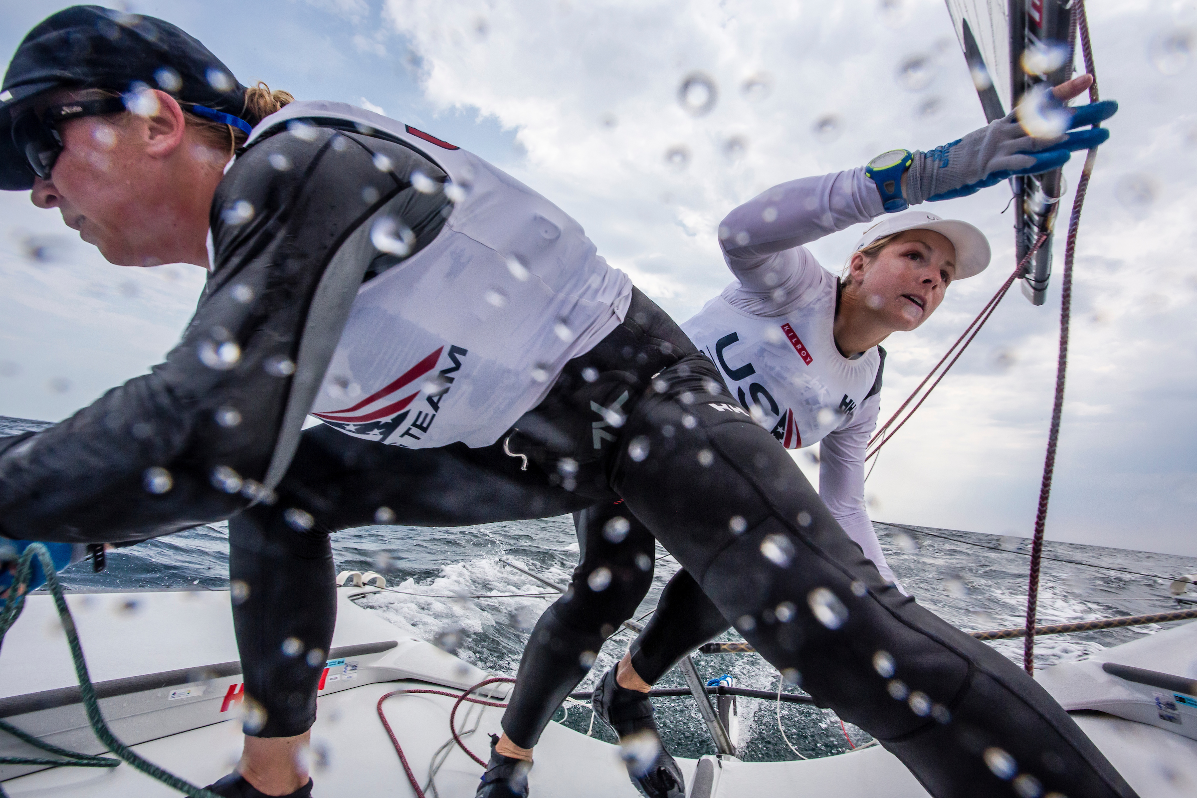 Maggie Shea and Stephanie Roble of US SAILING Team shooting before Aarhus World Champiochips on July 31, 2018. (@Sailing Energy / US Sailing)