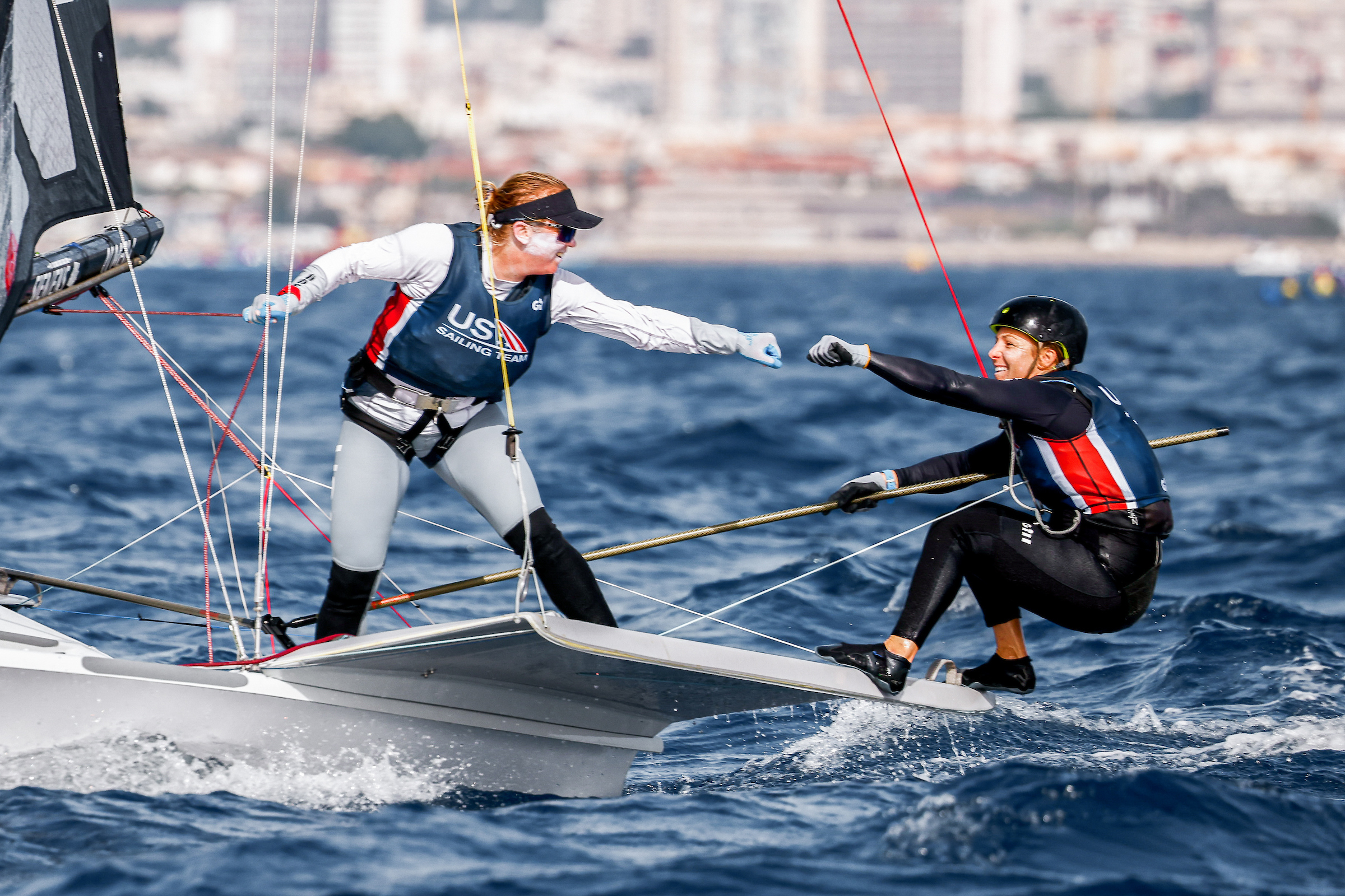 Maggie Shea and Stephanie Roble sailing at a Paris test event in July 2023. (Courtesy of US Sailing)